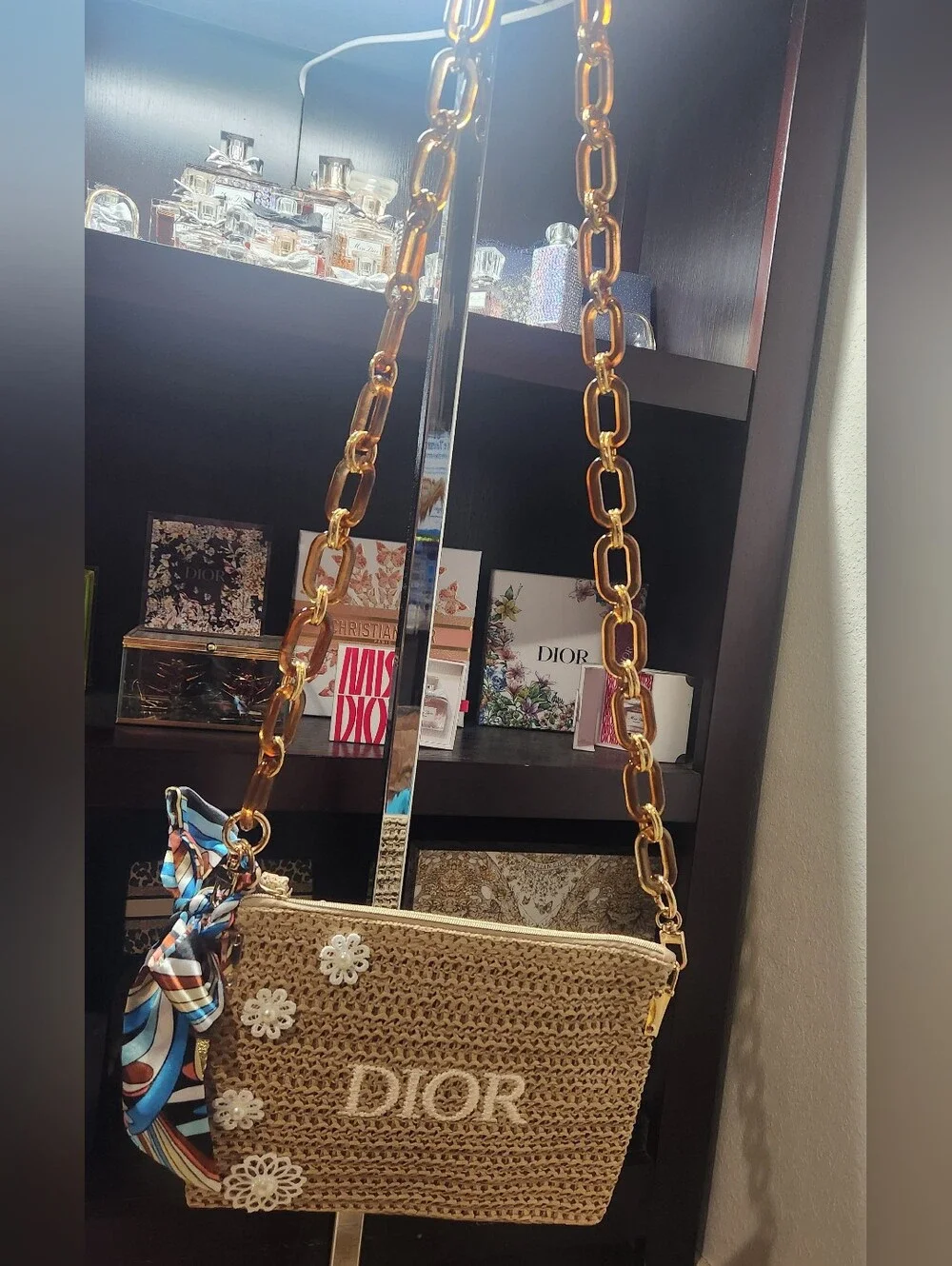 Dior Straw Crossbody Bag in Brown with Floral Embellishments